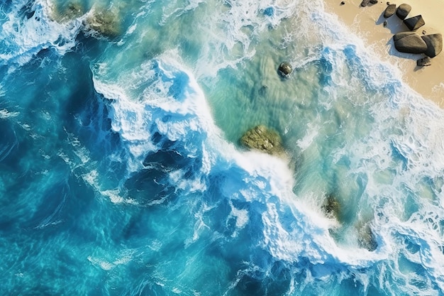 Background of clear ocean breaks on the shore Aerial view