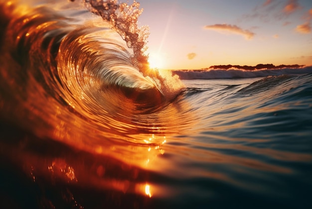夕日の生成 AI と美しいビーチ波水の背景のクローズ アップ