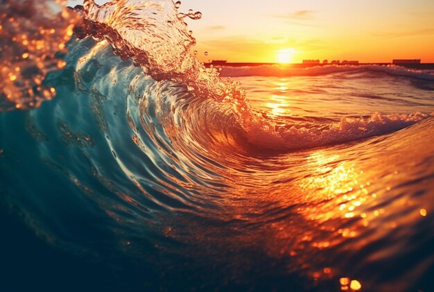 Photo background closeup of beautiful beach waves water with sunset generative ai