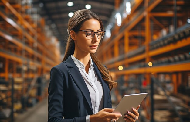 On a background of a CNC warehouse a portrait of a woman manager wearing a business suit uses a clipboard to control the companys results Industrial hardwood factory furniture by Banner xA