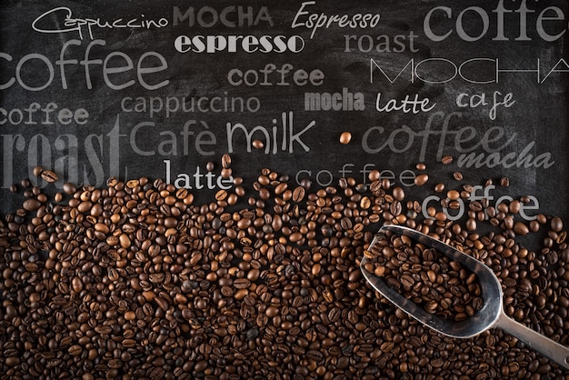 Background of coffee beans on black board with chalk written