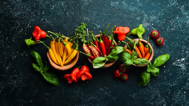 Background of colored hot chili peppers on a black stone background Mexican cuisine Spices Top view