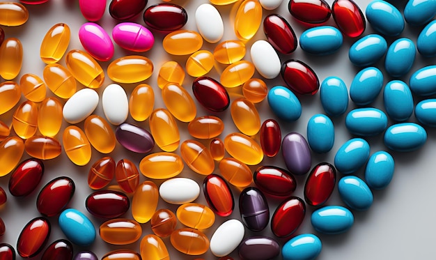 Background of colored pills and capsules closeup Selective soft focus