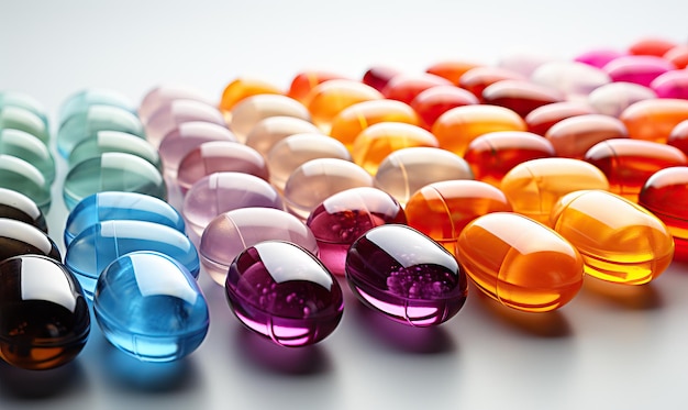 Background of colored pills and capsules closeup Selective soft focus