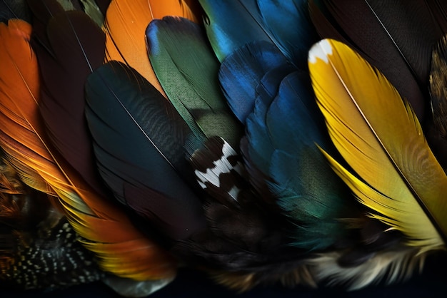 background of colorful bird feathers many feathers of birds of different species closeup