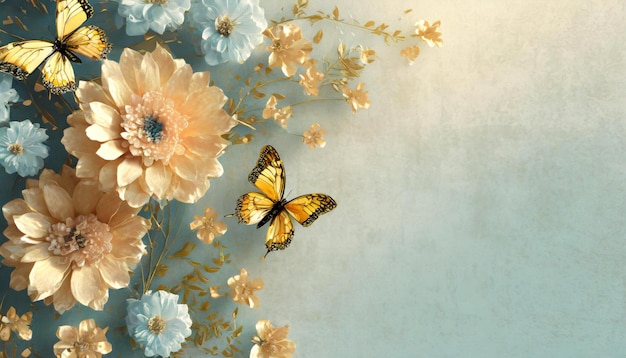 background colorful flowers and butterflies top view fashionable art pale light blue colors