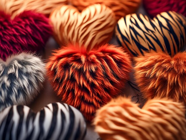 Background of colorful fluffy hearts in animal print