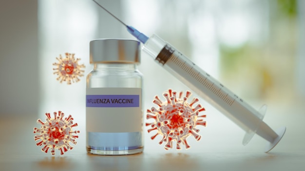 Foto sfondo del concetto di vaccinazione antinfluenzale contro l'epidemia di influenza rendering 3d