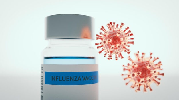 インフルエンザの流行に対するインフルエンザワクチン接種の概念の背景3Dレンダリング