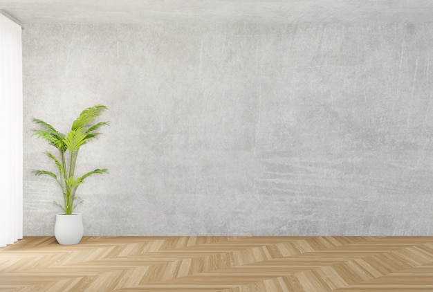 Background concrete wall and wooden floor , tree, 3d rendering