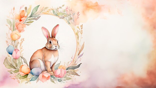 Background for congratulations on easter with rabbits and a floral frame