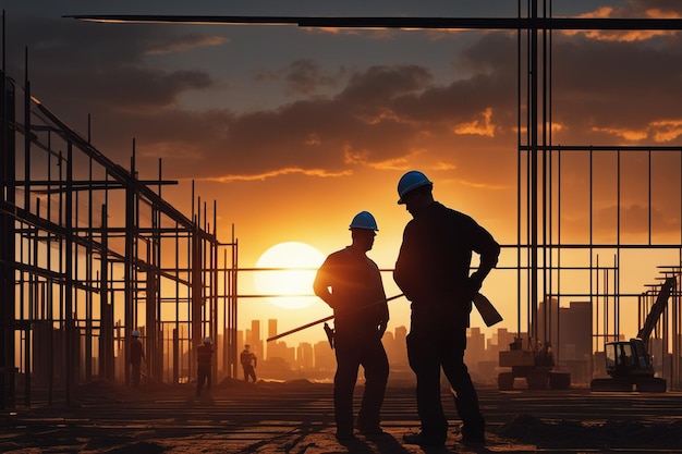 Background of construction workers working at sunset