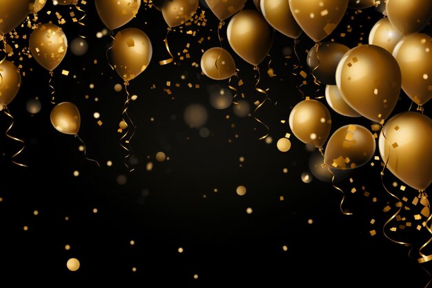 the background contains gold balloons with glitter confetti in the style of dark gold rounded