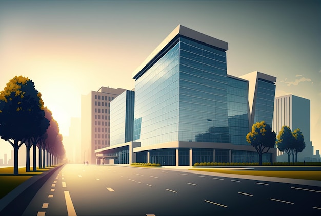 Background of contemporary office building with city and road