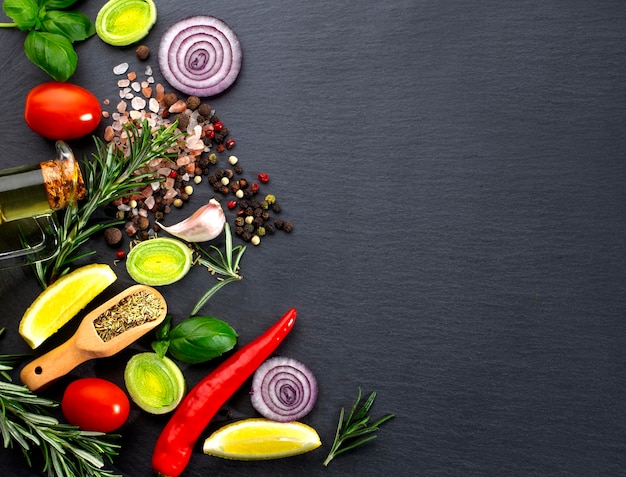 Background of the cooking and ingredients. Black background Top view.