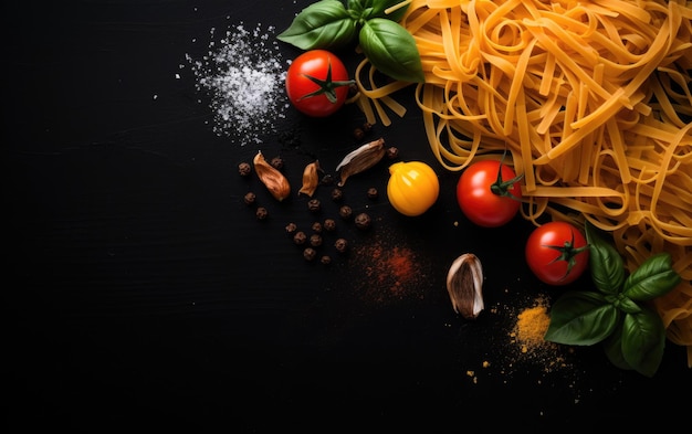 Background copy space of food advertising with raw pasta and ingredients