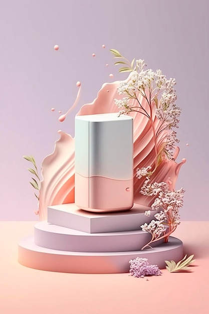 Photo background cosmetic product promotion podium floral pastel pedestal generative ai