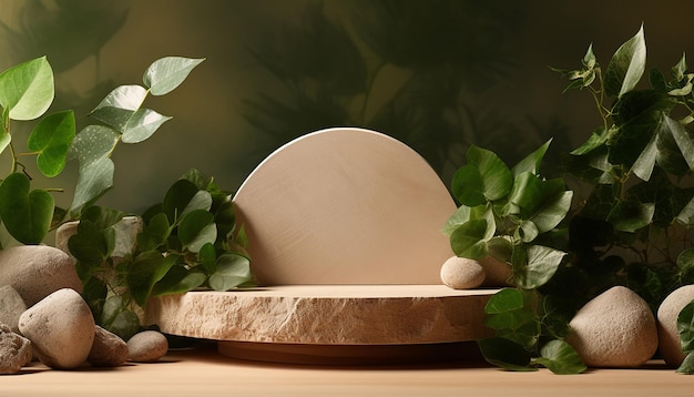 Background for cosmetic products of natural beige color Wood podium with green leaves