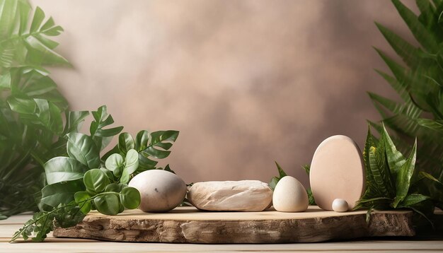 Background for cosmetic products of natural beige color Wood podium with green leaves