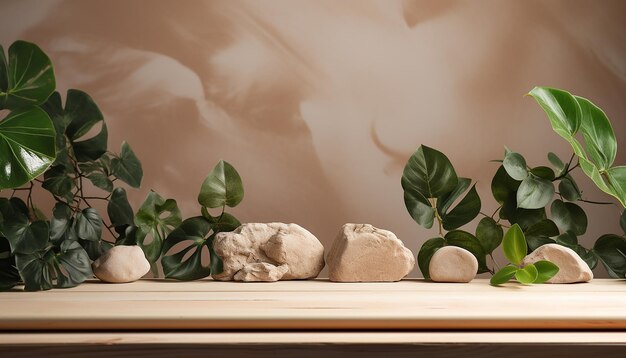 Background for cosmetic products of natural beige color Wood podium with green leaves