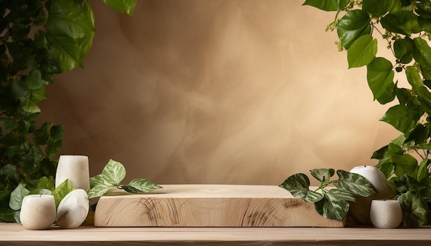 Photo background for cosmetic products of natural beige color wood podium with green leaves