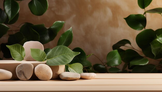 Background for cosmetic products of natural beige color Wood podium with green leaves