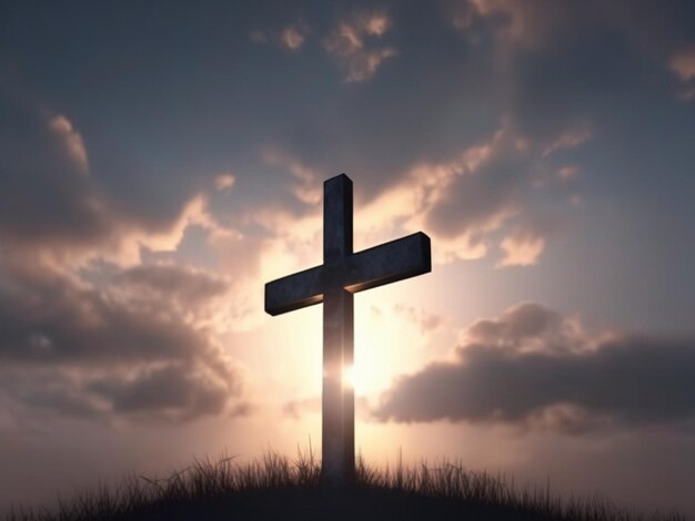 Photo background of cross on twilight sky background with clouds with sun in the background