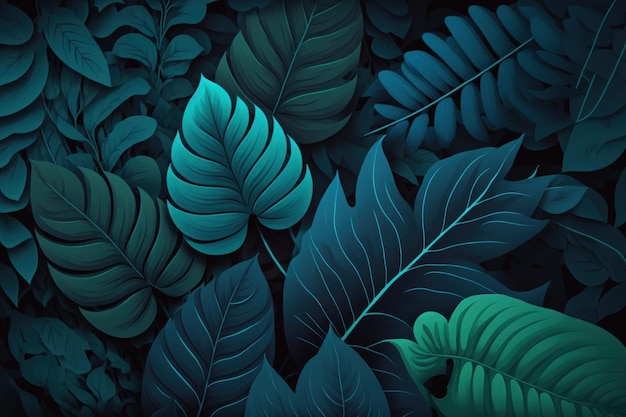 푸른 녹색 잎의 어두운 잎 표면의 배경