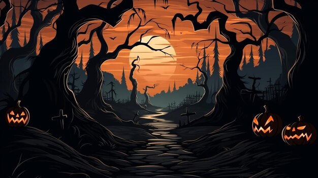 A background of a dark twisted tree with dangling spiderwebs can set a creepy Halloween mood