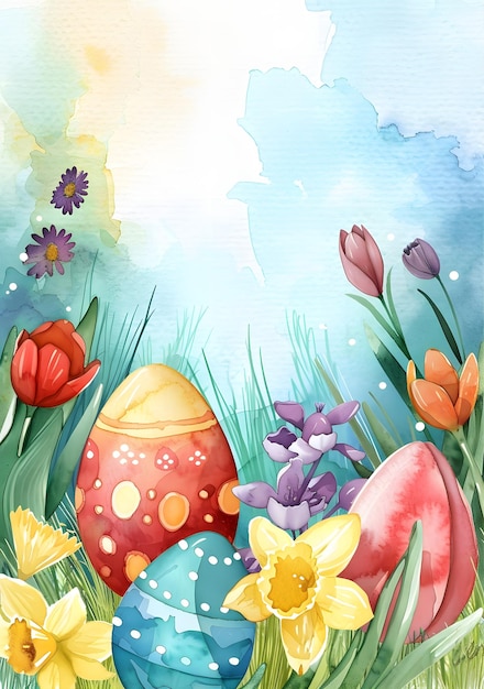 Background decorated with Easter eggs and flowers