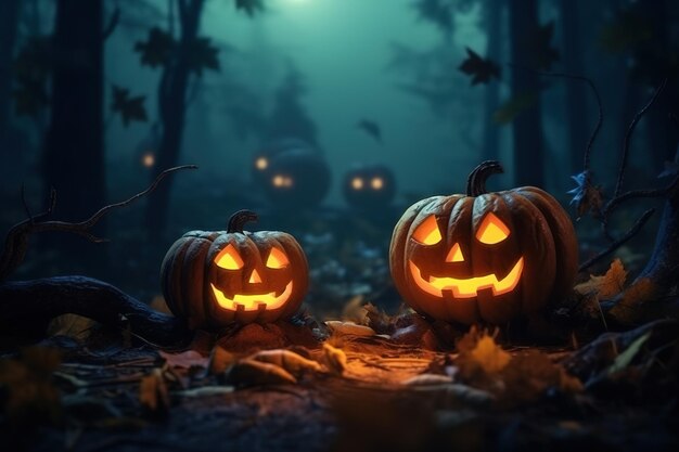 写真 森のハロウィンの南瓜の背景装飾