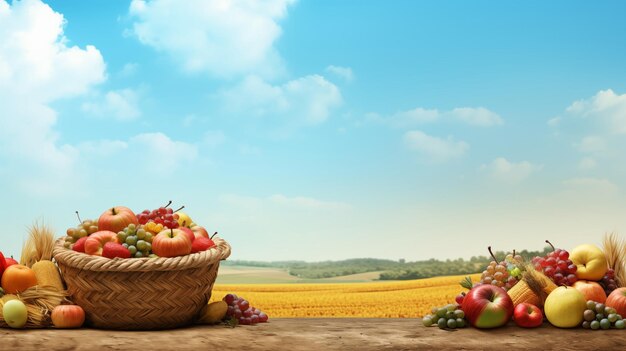 Background Design Featuring a Basket of Apples Grapes Corn and Pumpkins on a Harvest Table