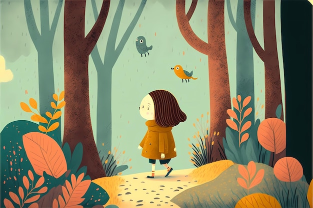 background Design of a little girl playing in the middle of the forest, with an attractive colorful.