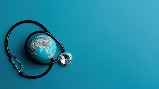 Photo background design sale banner for world health day with stethoscope and miniature earth