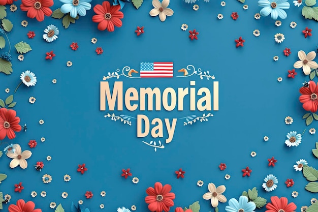 사진 미국 발과 메모리얼 데이 (memorial day) 라는 글이 새겨진 꽃으로 된 배경 디자인