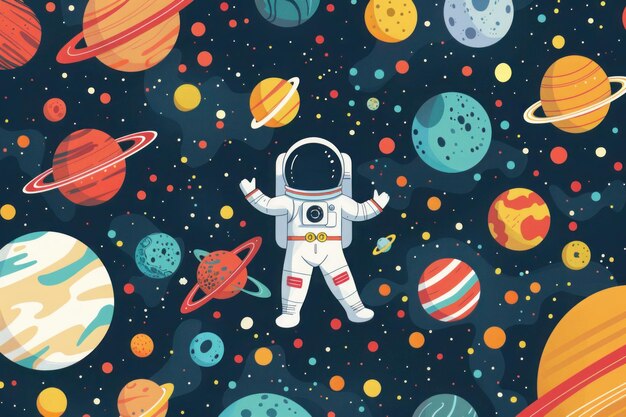 Background design with many planets in space illustration Space icon set and astronaut