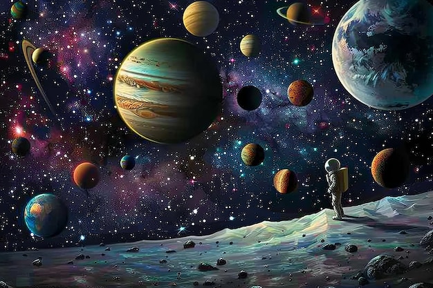 Foto disegno di sfondo con molti pianeti nell'illustrazione spaziale set di icone spaziali e astronauta