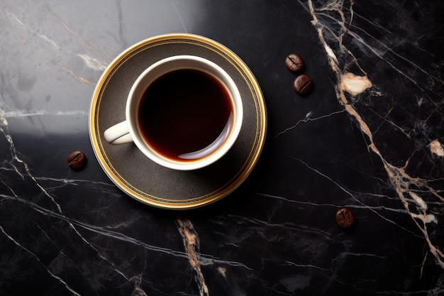 Фон для дизайнера к Международному дню кофе: кофейная чашка с кофейными зернами, вид сверху