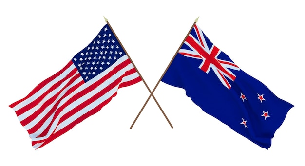 Background for designers illustrators National Independence Day Flags of United States of America USA and New Zealand