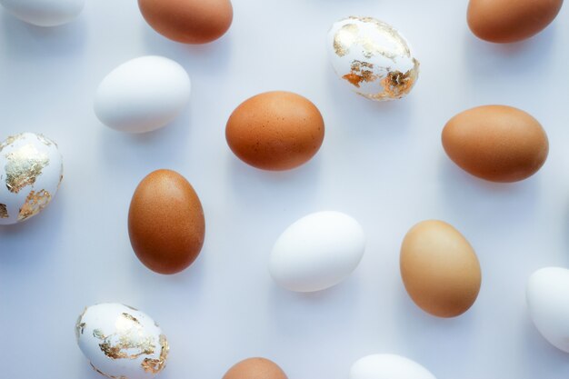 Background of different eggs on a white background.