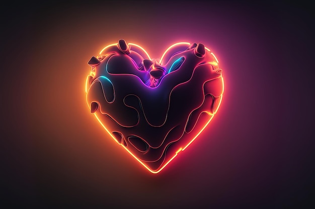 Фоновая цифровая иллюстрация с реалистичным сердцем неоновых огней. Генеративный ИИ