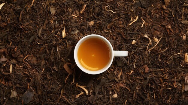 Background of dry black tea leaves texture top view