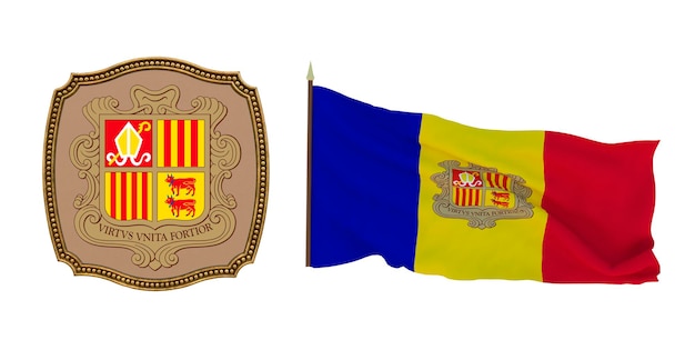 Background for editors and designers National holiday 3D illustration Flag and the coat of arms of Andorra