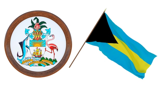 Background for editors and designers National holiday 3D illustration Flag and the coat of arms of Bahamas