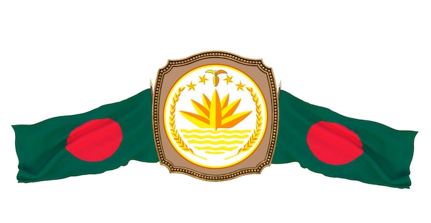 Background for editors and designers National holiday 3D illustration Flag and the coat of arms of Bangladesh