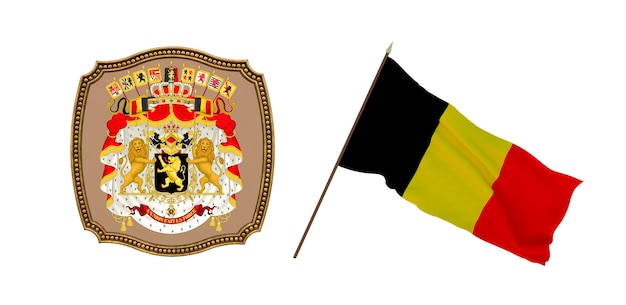 Background for editors and designers National holiday 3D illustration Flag and the coat of arms of Belgium