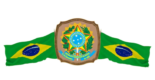 Background for editors and designers National holiday 3D illustration Flag and the coat of arms of Brazil