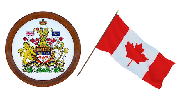 Background for editors and designers National holiday 3D illustration Flag and the coat of arms of Canada