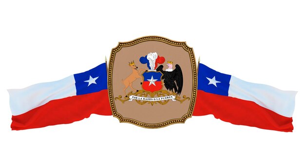 Background for editors and designers National holiday 3D illustration Flag and the coat of arms of Chile