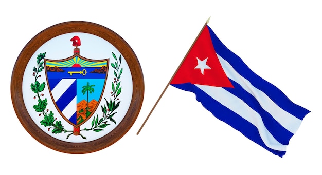 Background for editors and designers National holiday 3D illustration Flag and the coat of arms of Cuba